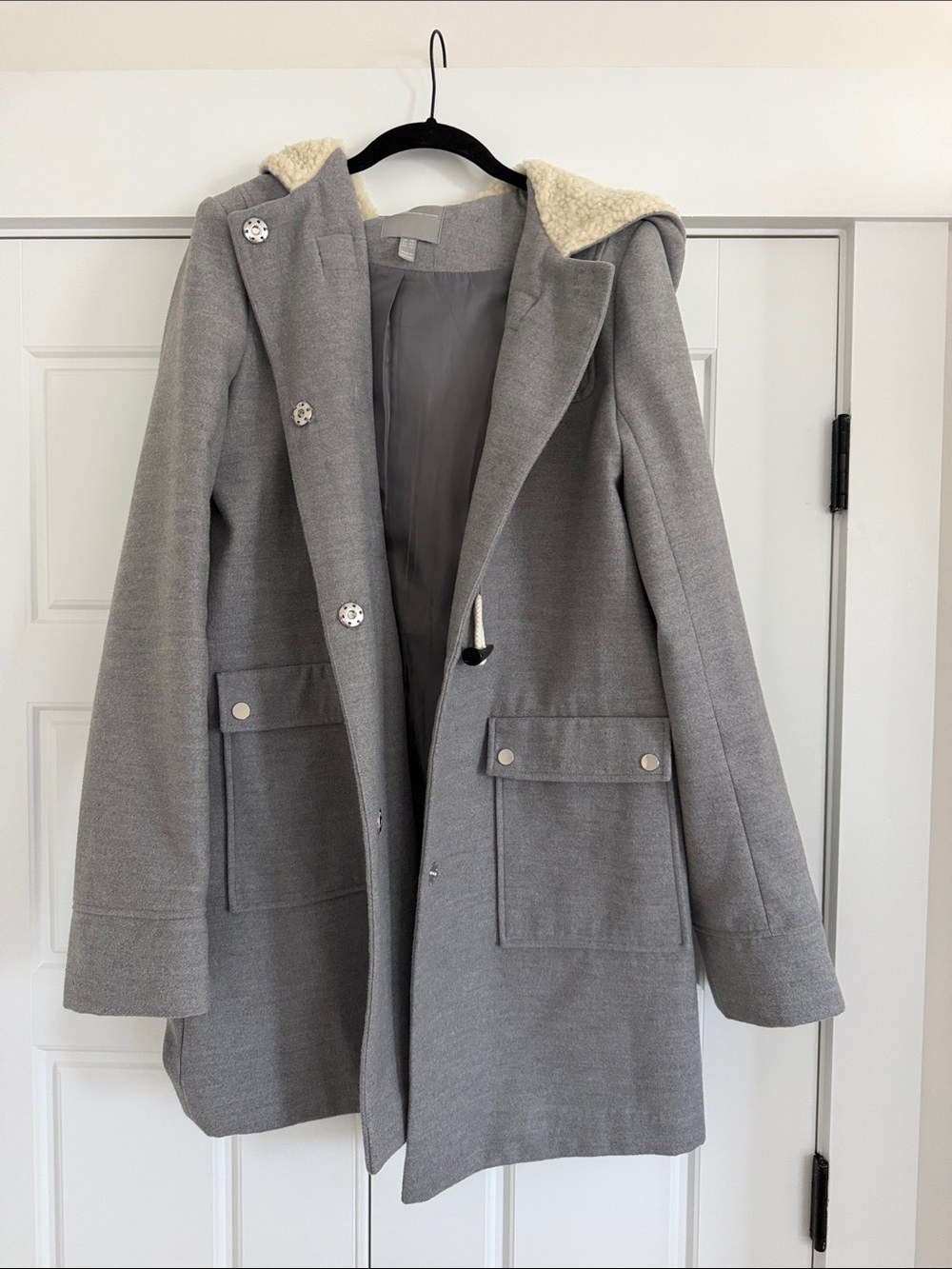 Women's Gray Hooded Wool-Blend Coat with Sherpa lined Hood - 10 Tall